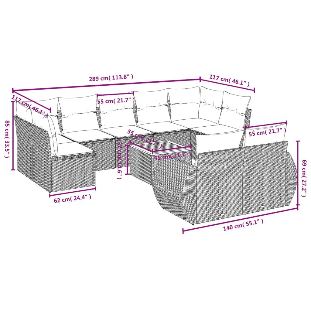 10-Piece Outdoor Garden Sofa Set with Grey Cushions