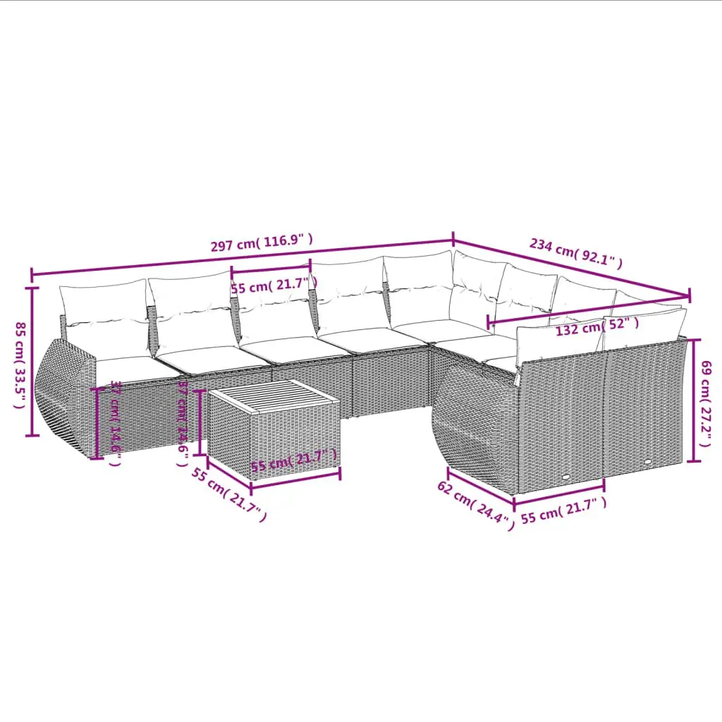 10-Piece Grey Outdoor Garden Sofa Set