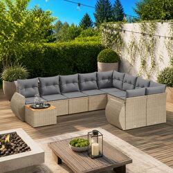 10 Piece Beige Poly Rattan Garden Sofa Set with Cushions