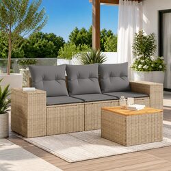 4-Piece Beige Poly Rattan Garden Sofa Set with Cushions