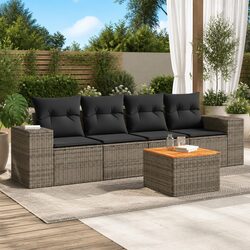 5 Piece Grey Rattan Outdoor Sofa Set with Cushions