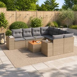 Beige 9-Piece Outdoor Garden Sofa Set with Cushions