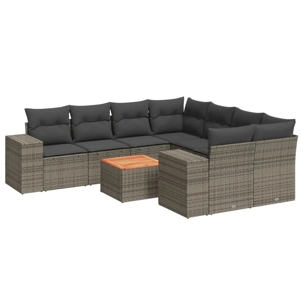 9-Piece Grey Poly Rattan Garden Sofa Set