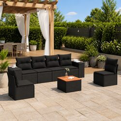 Black Poly Rattan 7 Piece Garden Sofa Set with Cushions