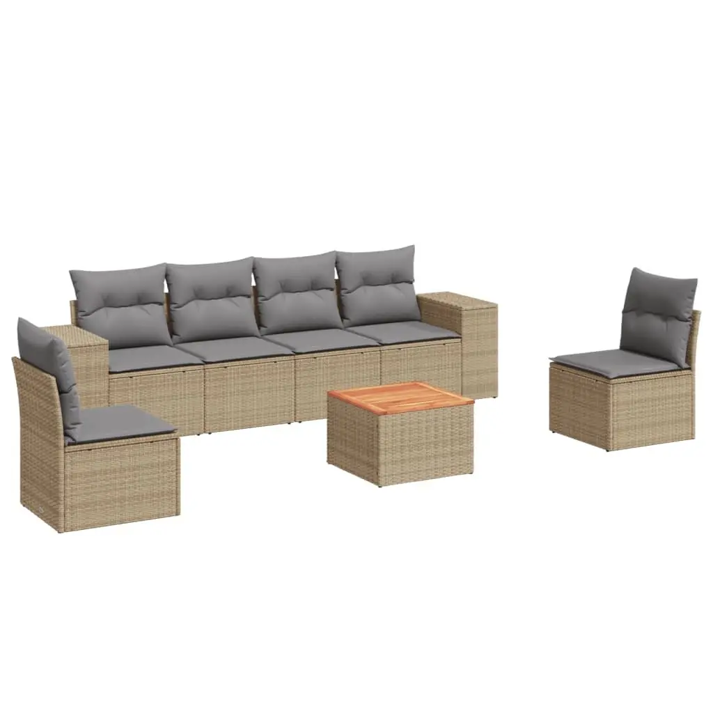 Garden Sofa Set PE Rattan Acacia Wood 7 Piece Outdoor Furniture Patio Beige with Cushions Modular