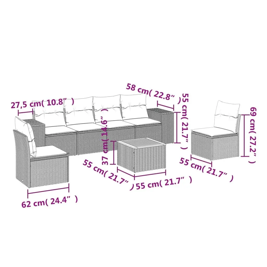 Garden Sofa Set PE Rattan Acacia Wood 7 Piece Outdoor Furniture Patio Beige with Cushions Modular