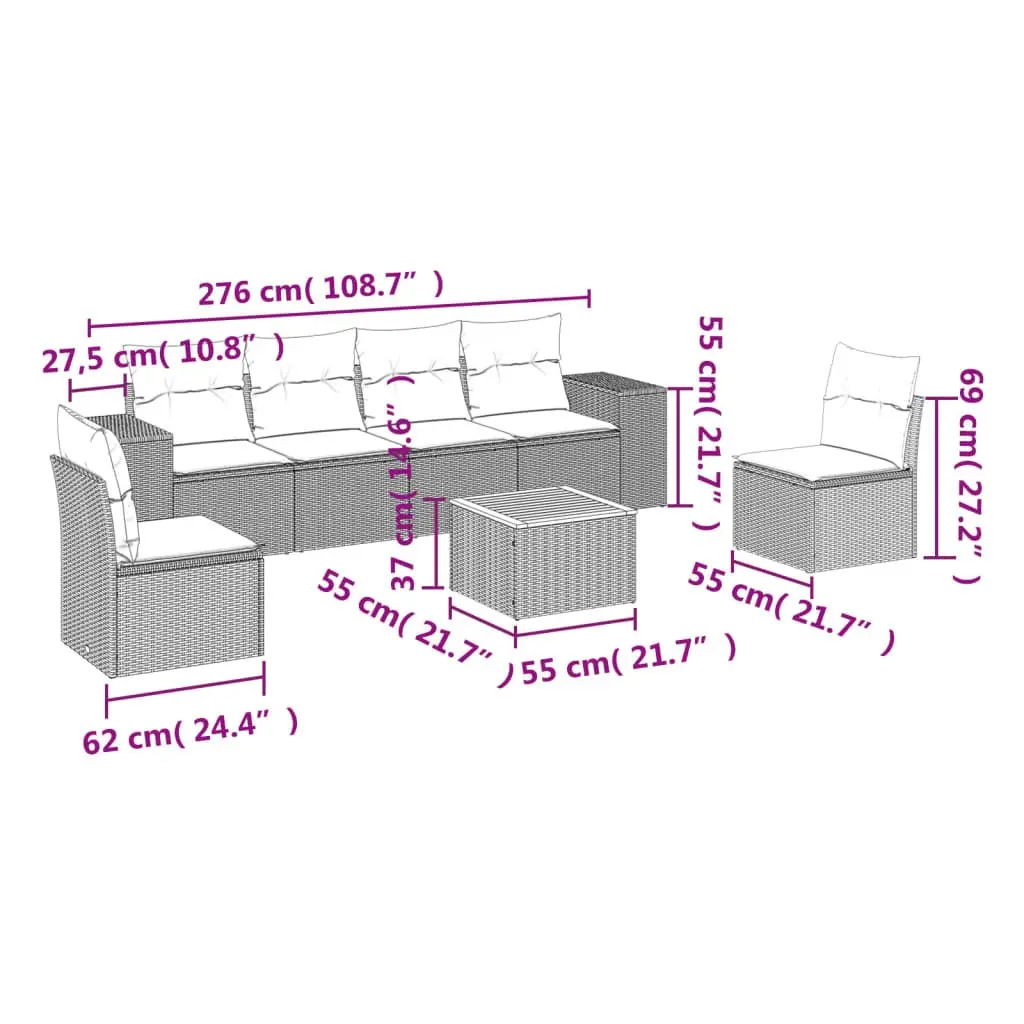 7 Piece Grey Outdoor Sofa Set with Cushions