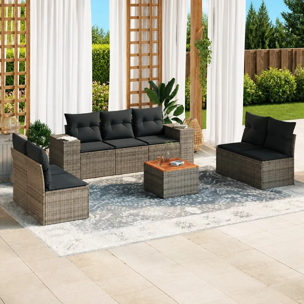 8 Piece Garden Sofa Set PE Rattan Acacia Wood Grey Outdoor Furniture