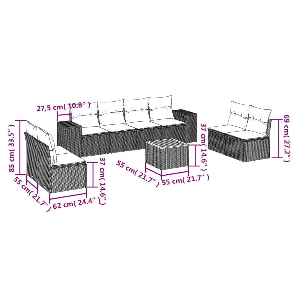 Garden Sofa Set PE Rattan 9 Piece Outdoor Patio Furniture Grey with Cushions