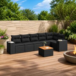 Durable 7 Piece Black Rattan Garden Sofa Set with Cushions