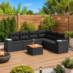 Black Poly Rattan 7 Piece Garden Sofa Set with Cushions