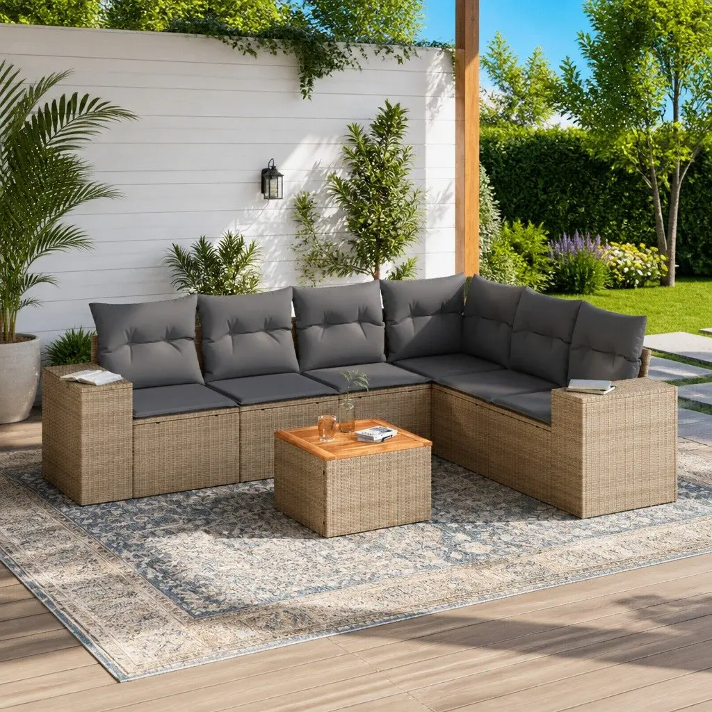 7 Piece Outdoor Garden Sofa Set PE Rattan Beige with Cushions Acacia Wood Tabletop