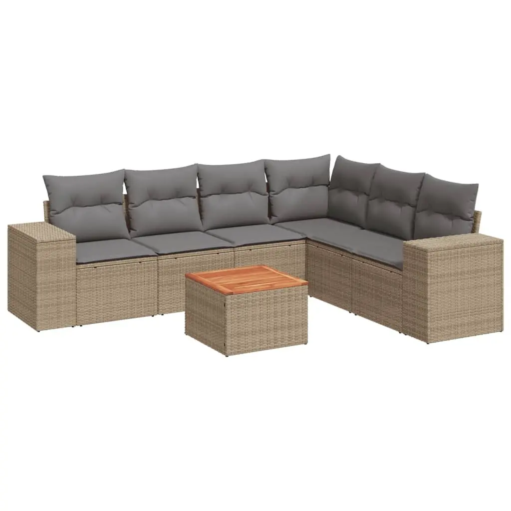 7 Piece Outdoor Garden Sofa Set PE Rattan Beige with Cushions Acacia Wood Tabletop