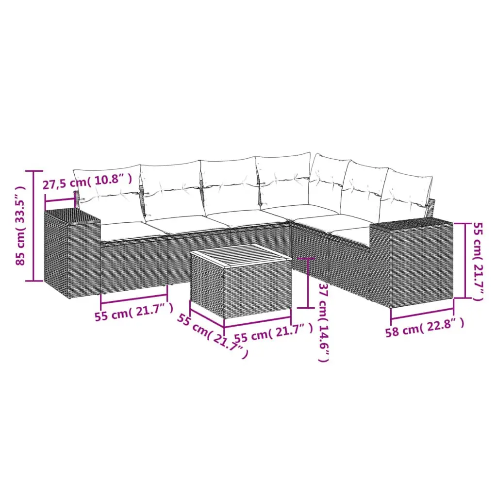 7 Piece Outdoor Garden Sofa Set PE Rattan Beige with Cushions Acacia Wood Tabletop