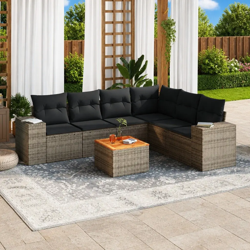 7 Piece Garden Sofa Set PE Rattan Grey Modular Outdoor Furniture with Acacia Wood Table and Cushions