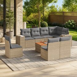 9 Piece Poly Rattan Outdoor Sofa Set with Cushions in Beige