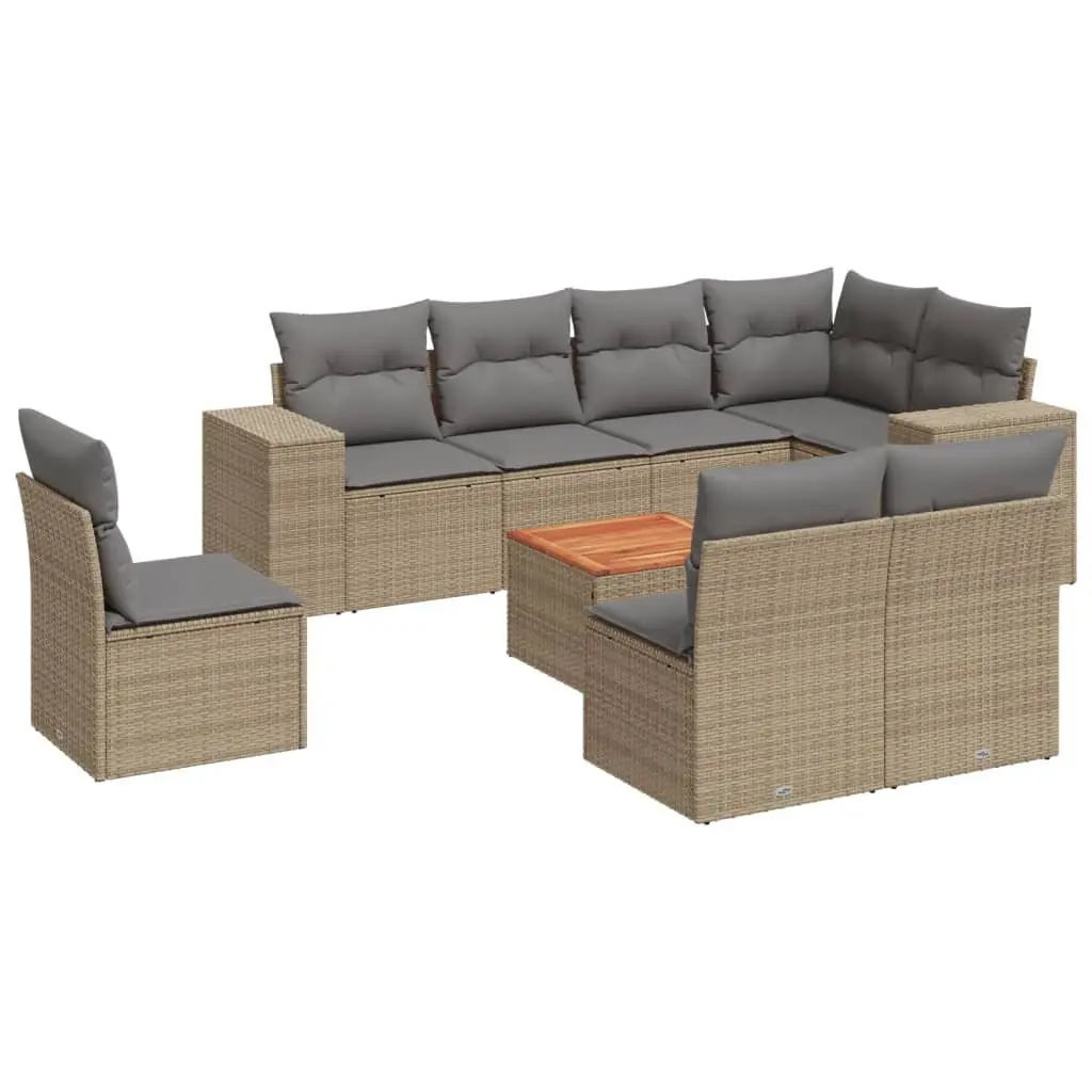 9 Piece Poly Rattan Outdoor Sofa Set with Cushions in Beige