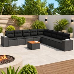 10-Piece Black Poly Rattan Garden Sofa Set for Outdoors