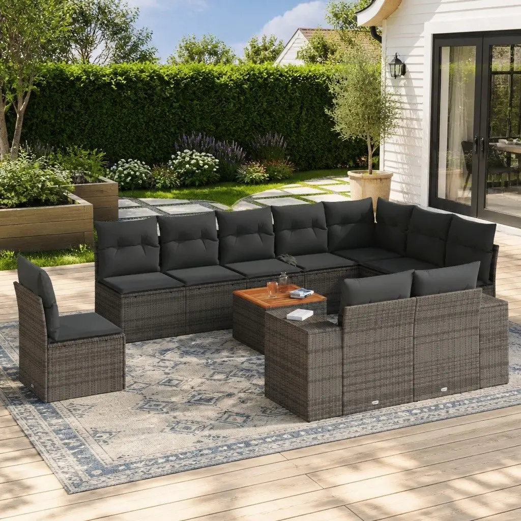 11 Piece Garden Sofa Set PE Rattan Acacia Wood Table Grey