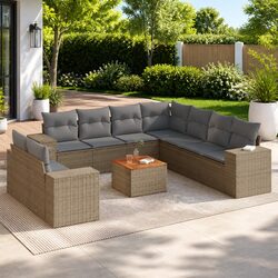 Beige Poly Rattan 10 Piece Garden Sofa Set Outdoor Furniture