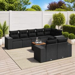 9-Piece Black Poly Rattan Garden Sofa Set with Cushions