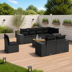 Durable 9 Piece Black Poly Rattan Garden Sofa Set