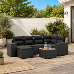 7 Piece Modular Black Outdoor Sofa Set with Cushions