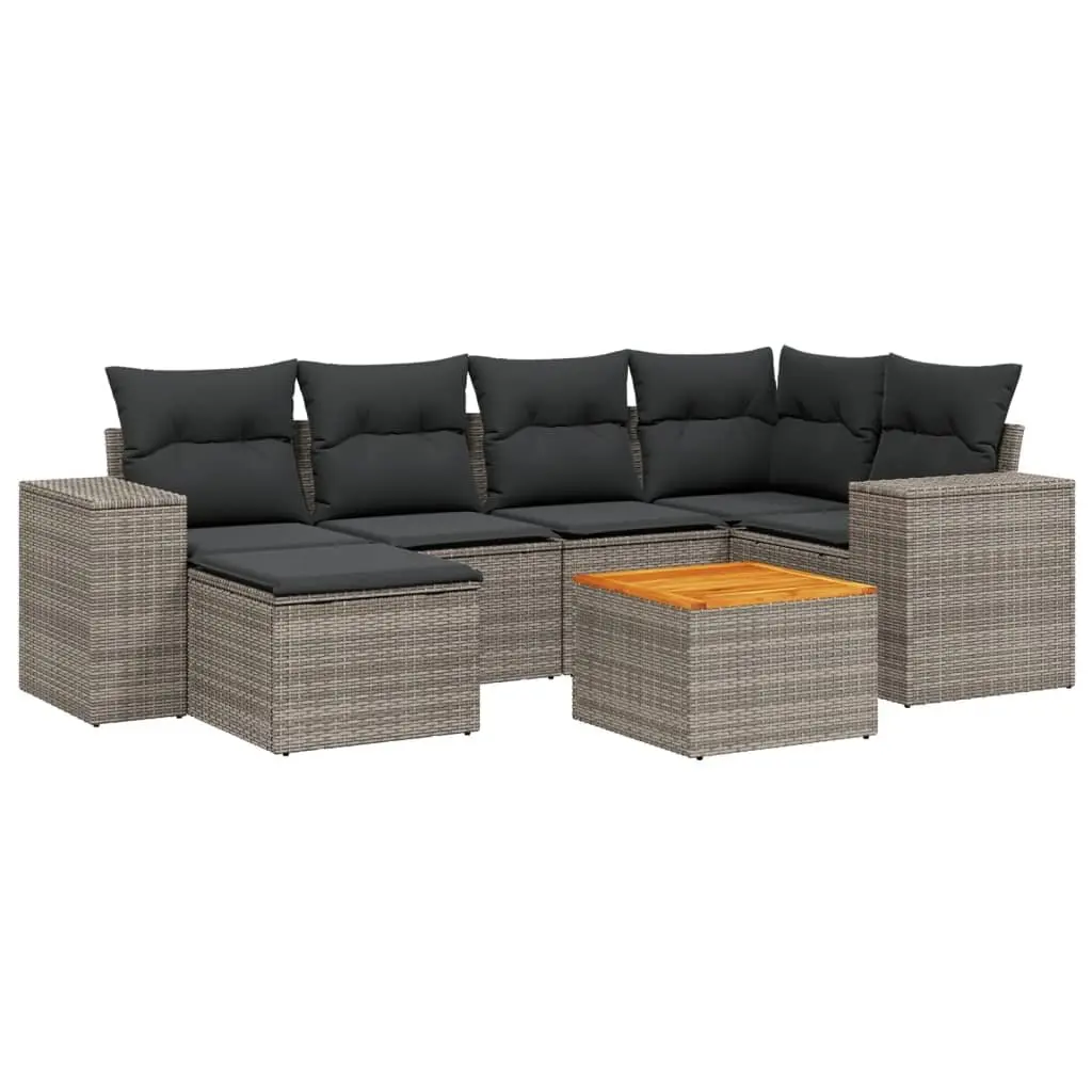 7 Piece Garden Sofa Set PE Rattan Grey with Acacia Wood Tabletop and Cushions