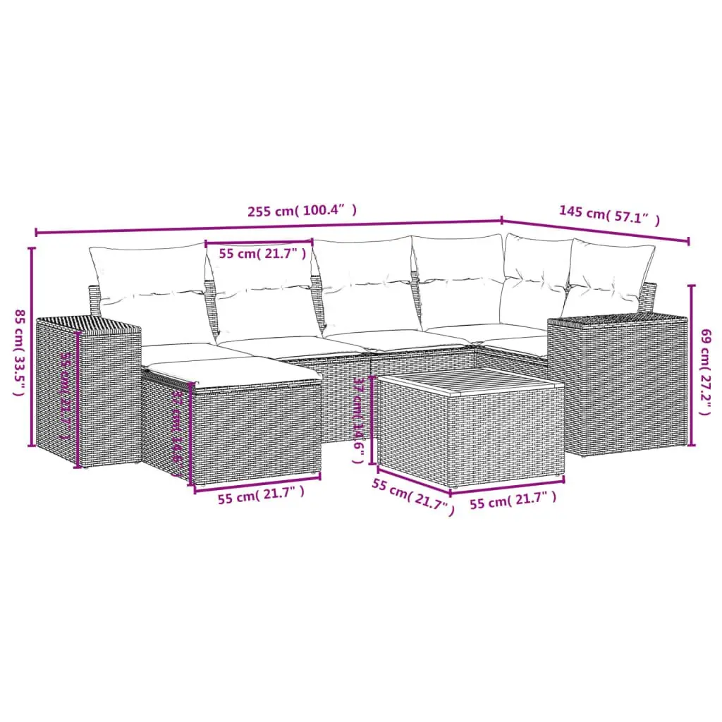 7 Piece Garden Sofa Set PE Rattan Grey with Acacia Wood Tabletop and Cushions