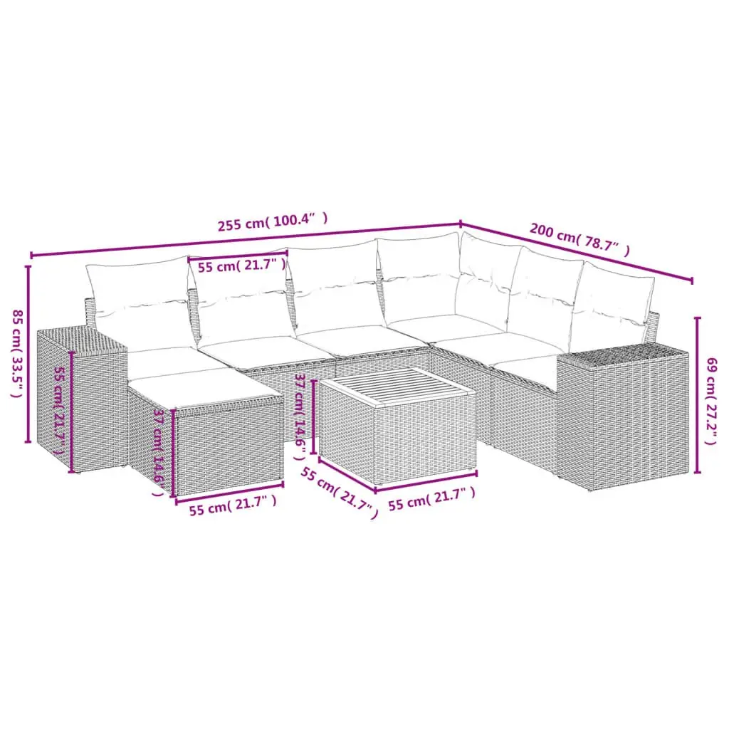 8-Piece Modular Grey Outdoor Sofa Set with Cushions