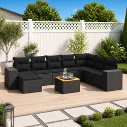 Sturdy 9-Piece Garden Sofa Set with Cushions – Black