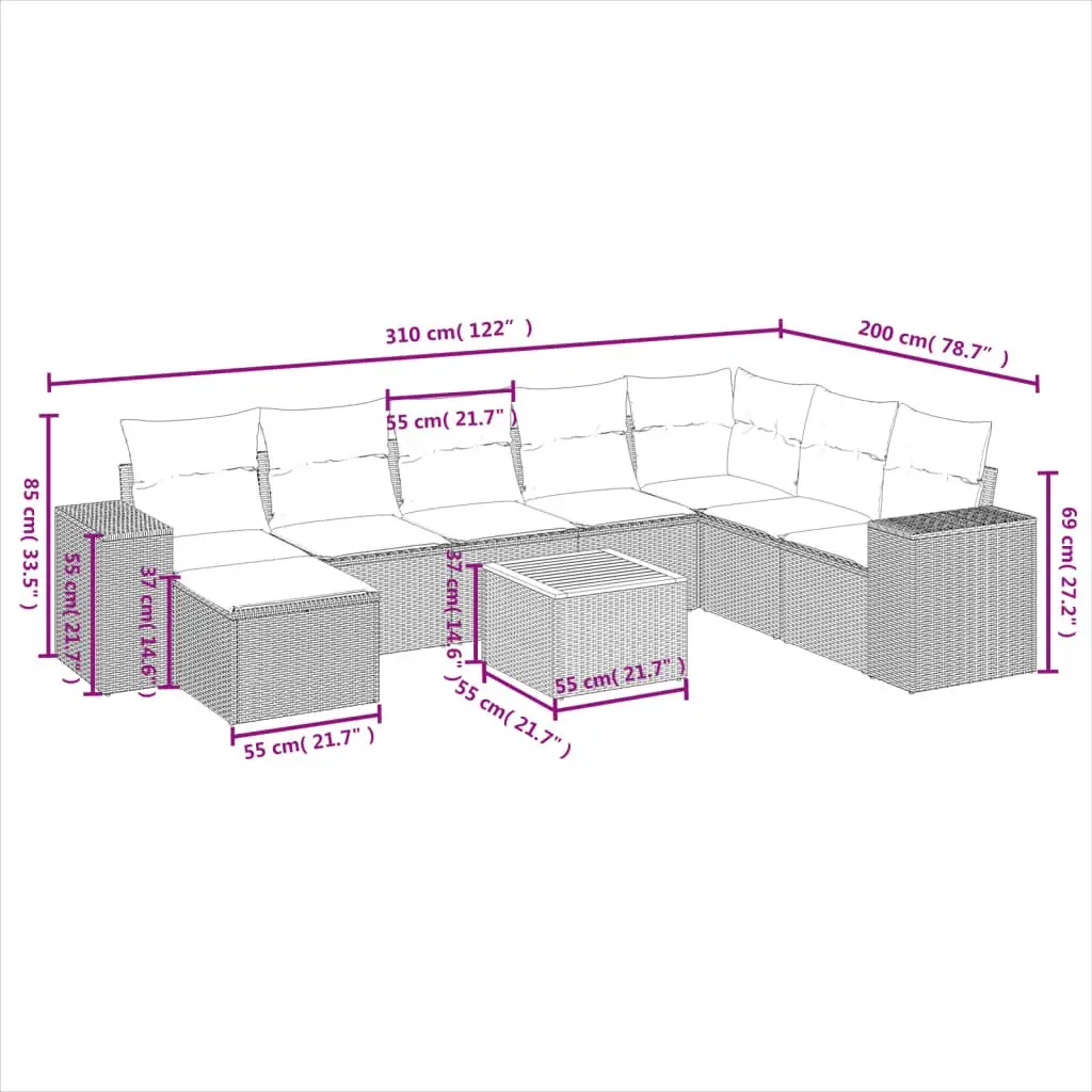 9-Piece Grey Poly Rattan Garden Sofa Set