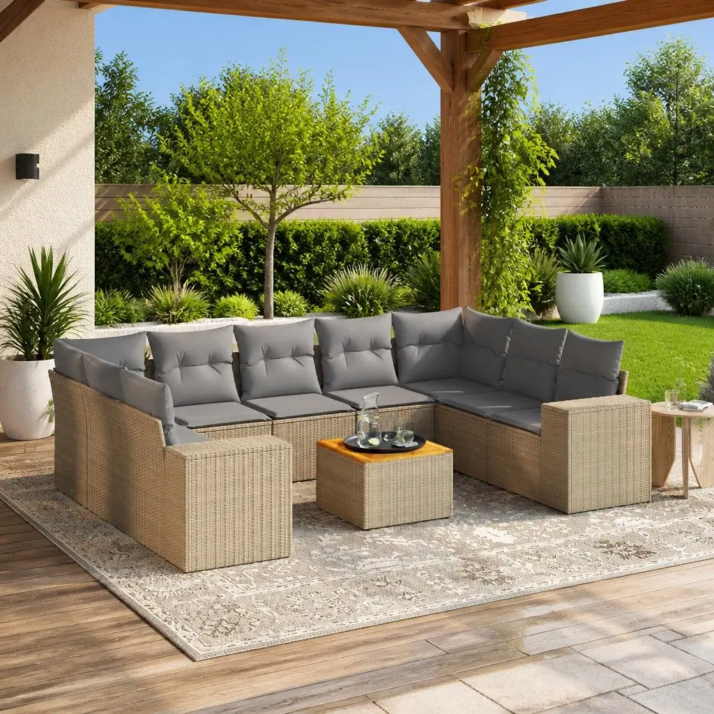 Garden Sofa Set PE Rattan 10 Piece Outdoor Patio Furniture Beige with Cushions