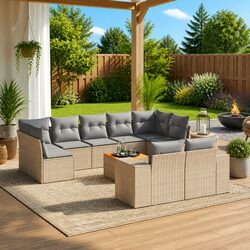Beige Outdoor Modular Garden Sofa Set 10-Piece with Cushions