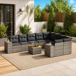 10 Piece Grey Poly Rattan Garden Sofa Set for Outdoor