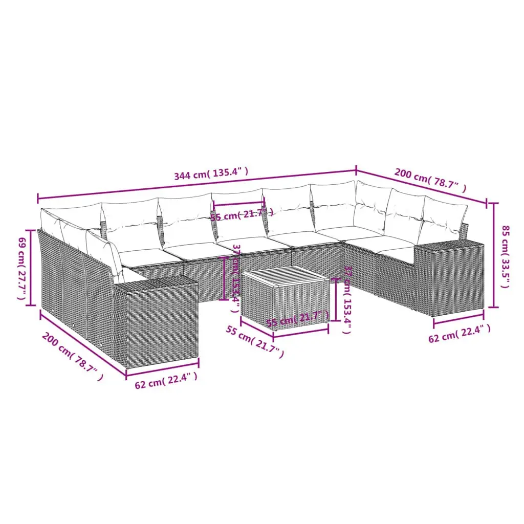 11 Piece Garden Sofa Set PE Rattan Acacia Wood Beige Outdoor Furniture