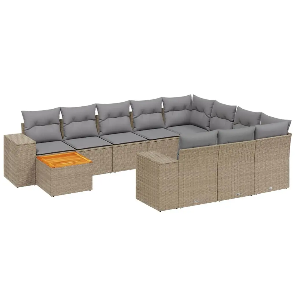 Garden Sofa Set PE Rattan Acacia Wood 11 Piece Beige Outdoor Furniture