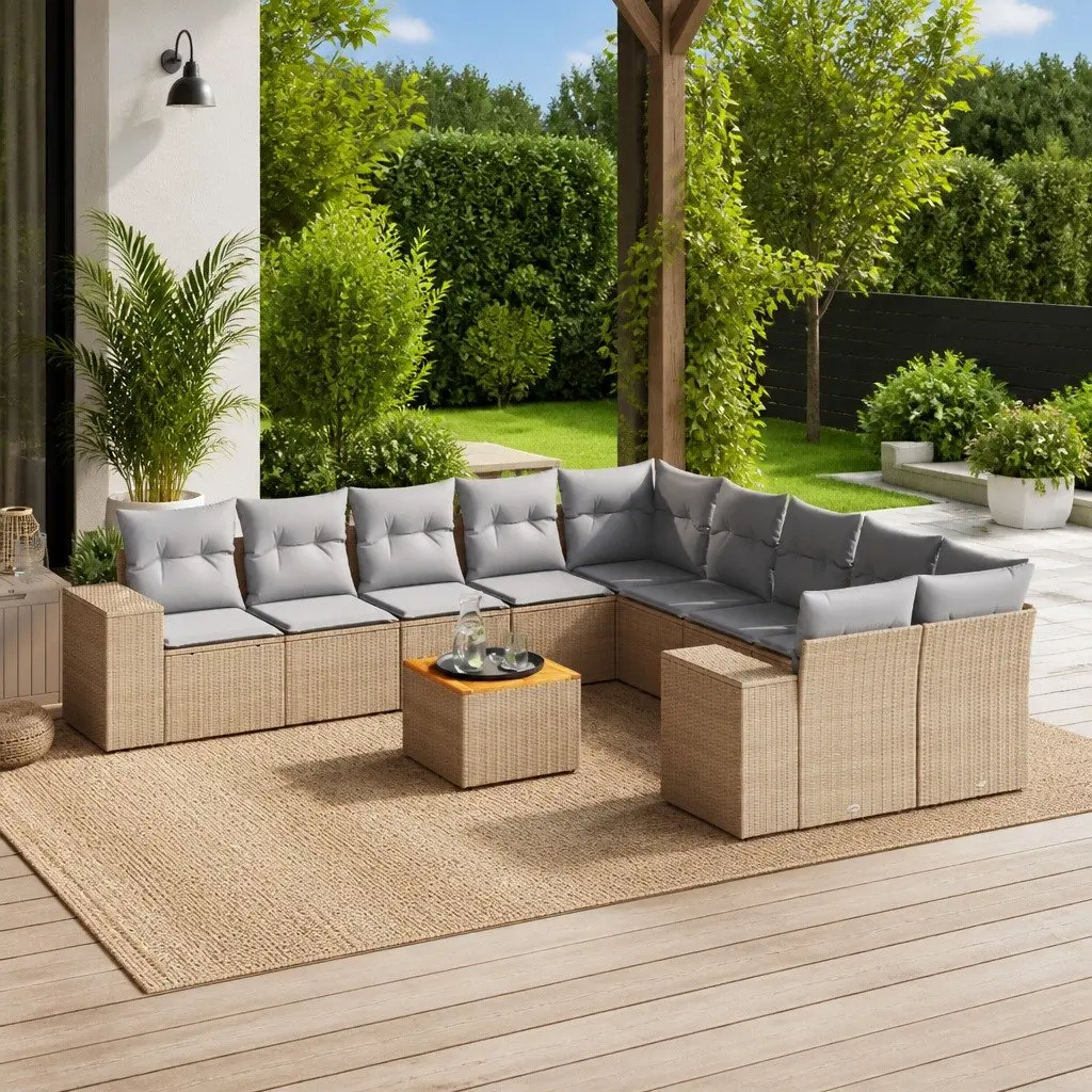 11 Piece Beige Garden Sofa Set with Cushions