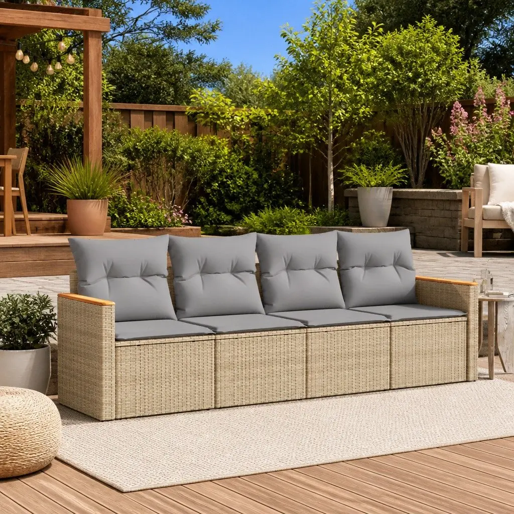 Garden Sofa Set PE Rattan 4 Piece Outdoor Furniture Beige Cushions