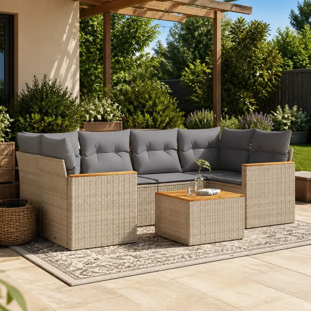 Beige Poly Rattan 7-Piece Outdoor Sofa Set