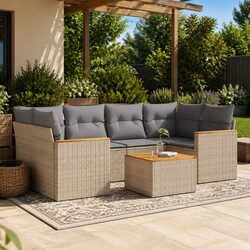 Beige Poly Rattan 7-Piece Outdoor Sofa Set