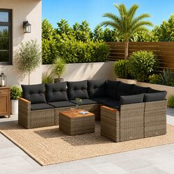 Stylish 9 Piece Grey Garden Sofa Set with Cushions