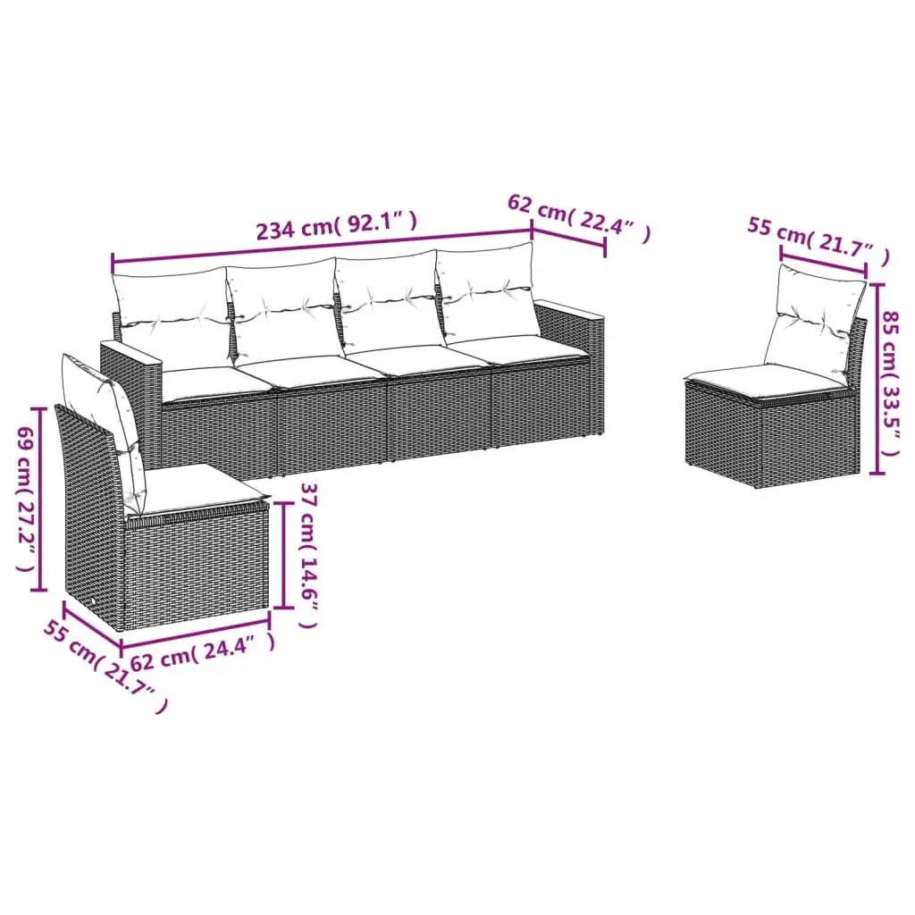 Garden Sofa Set PE Rattan 6 Piece Outdoor Furniture Patio Lounge Grey