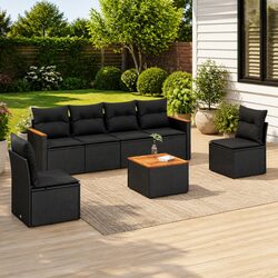 7 Piece Black Poly Rattan Garden Sofa Set with Cushions