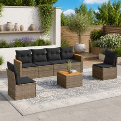 7 Piece Grey Rattan Garden Sofa Set with Cushions