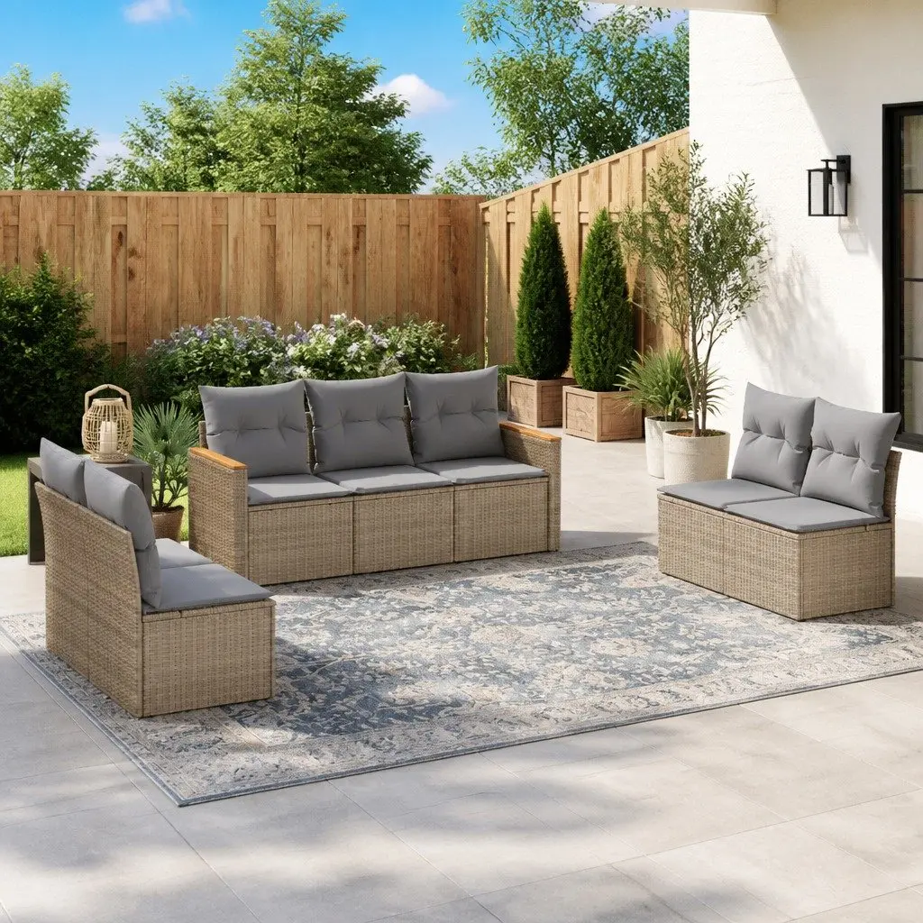 7 Piece Garden Sofa Set with Cushions Outdoor Furniture Patio Beige Rattan