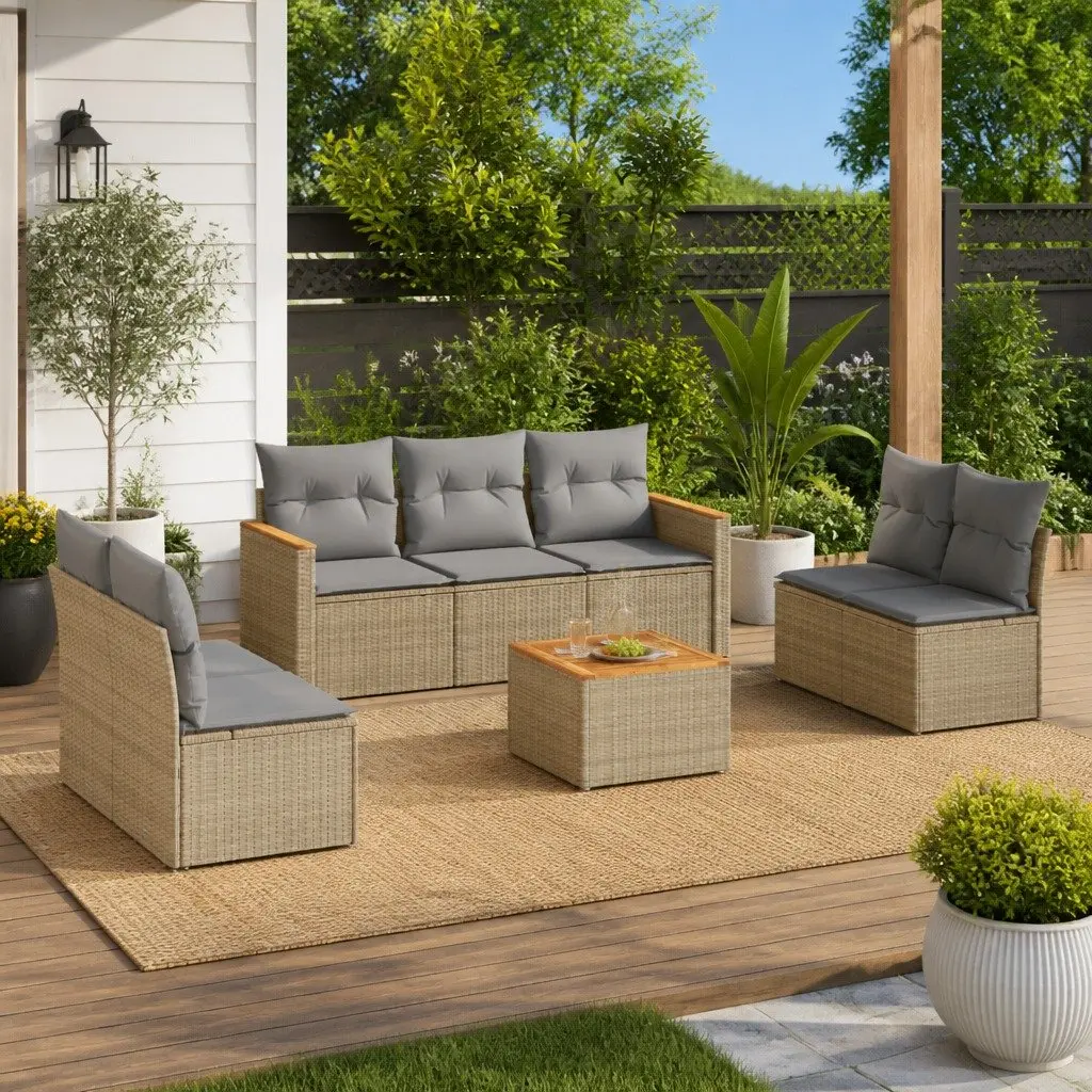 Outdoor Garden Sofa Set PE Rattan 8 Piece Modular Lounge Beige