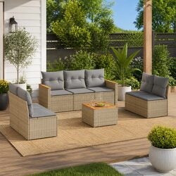 8-Piece Modular Beige Rattan Outdoor Garden Sofa Set