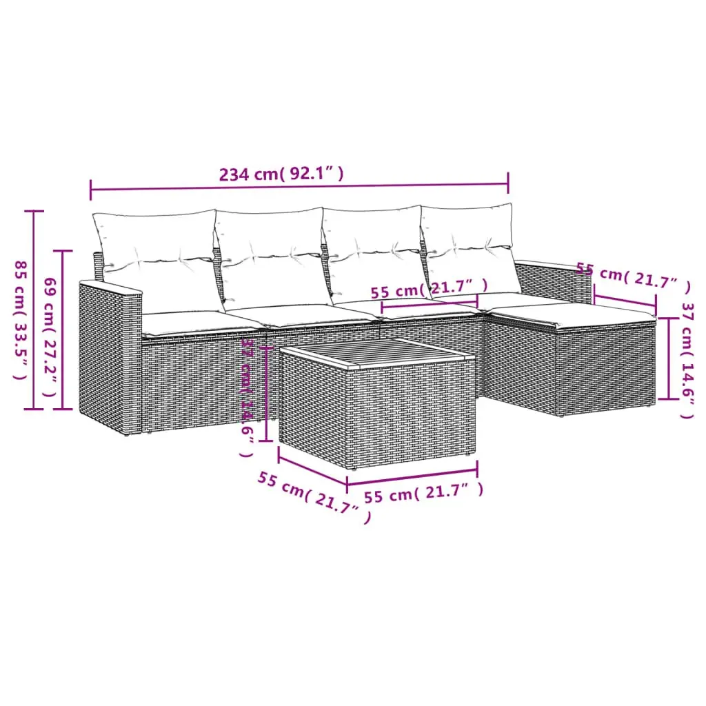 Garden Sofa Set PE Rattan 6 Piece Modular Outdoor Furniture Grey Patio Lounge Sectional