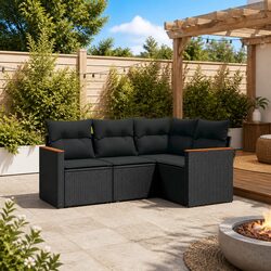 High-Quality 4 Piece Black Garden Sofa Set with Cushions